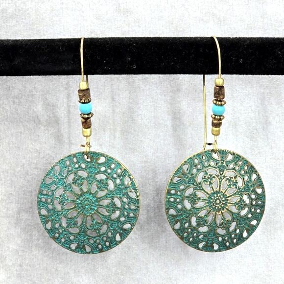 Blue Disc Floral Dangle Bead Hoop Hook Earring Fashion Boho Retro Jewelry JB2-39 - Picture 1 of 4